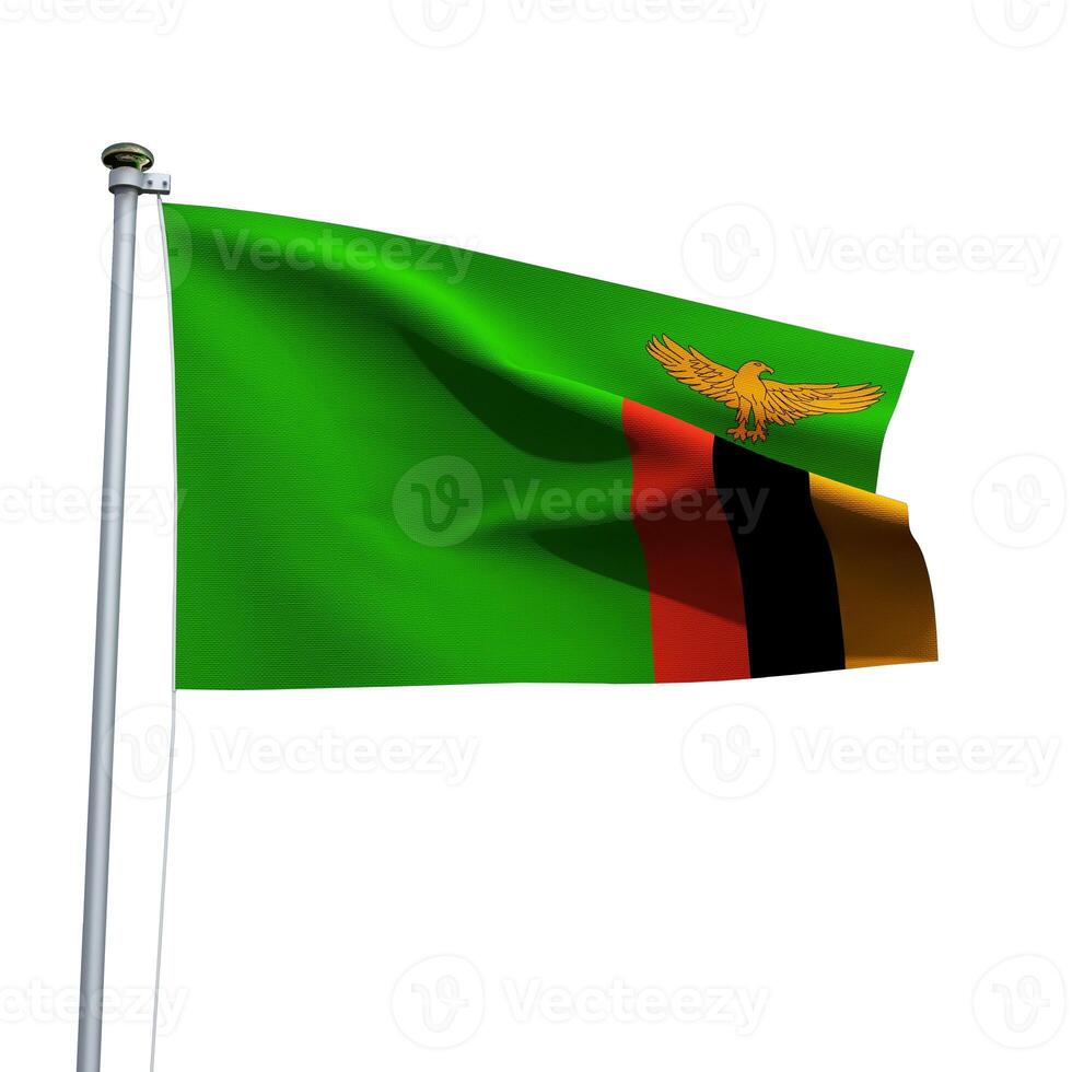 Zambia flag on a pole waving isolated on white background photo