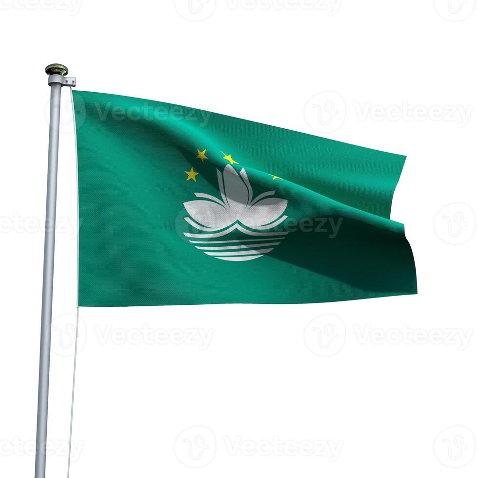 Macau flag on a pole waving isolated on white background photo