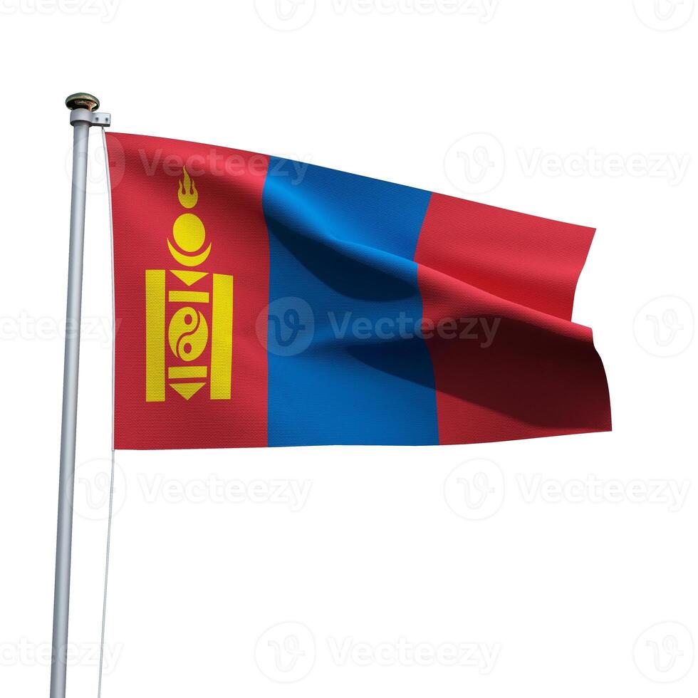 Mongolia flag on a pole waving isolated on white background photo