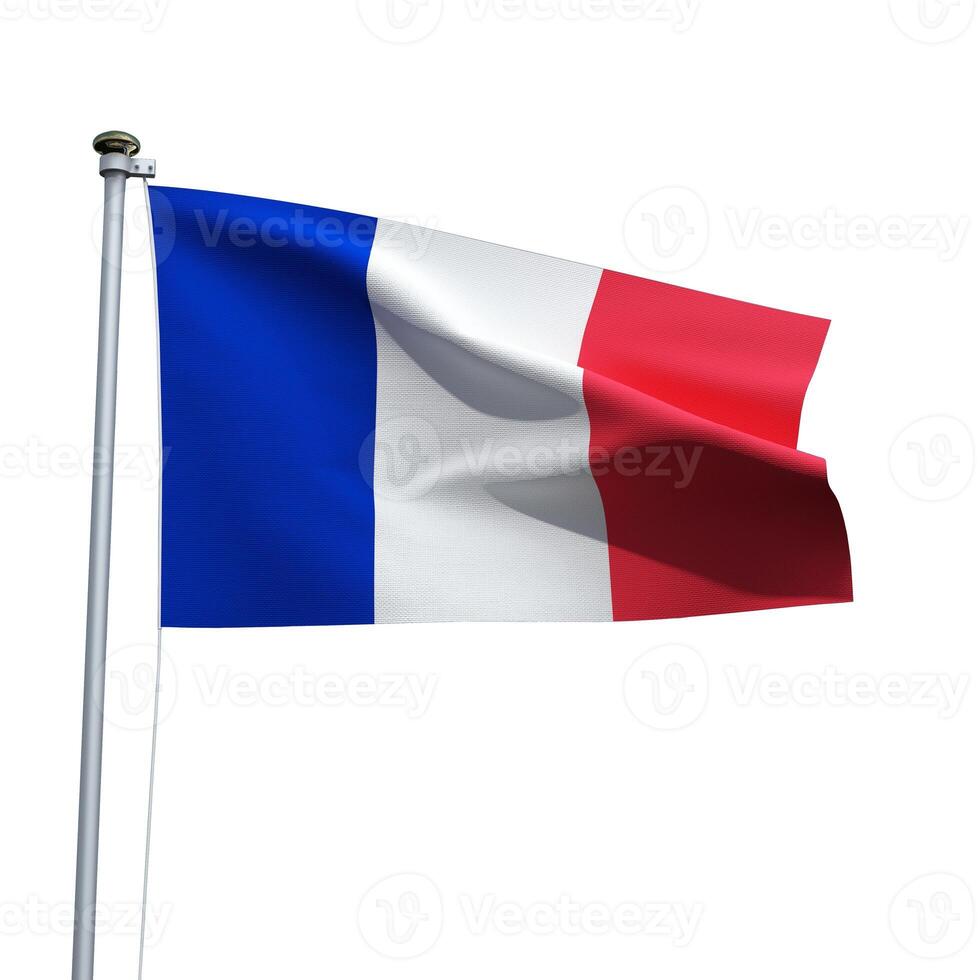 France flag on a pole waving isolated on white background photo