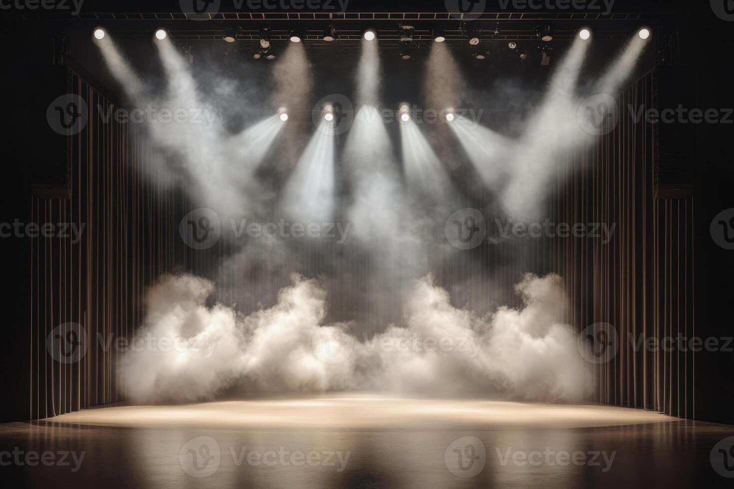 Empty stage illuminated by spotlights and filled with smoke photo