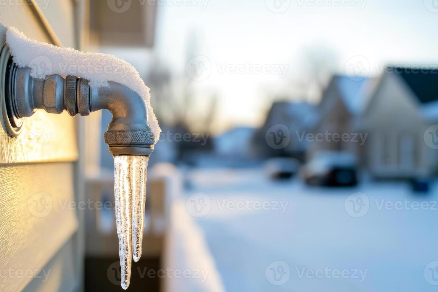 Frozen outdoor faucet covered with snow and icicles. Winter weather concept photo
