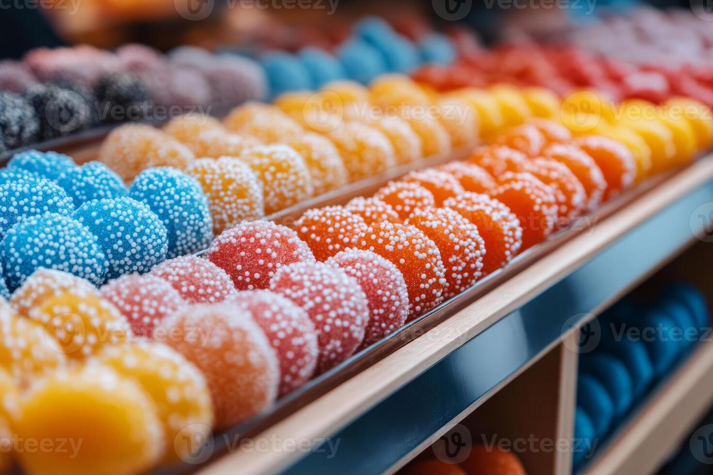 Rows of colorful candies coated with sugar sprinkles photo