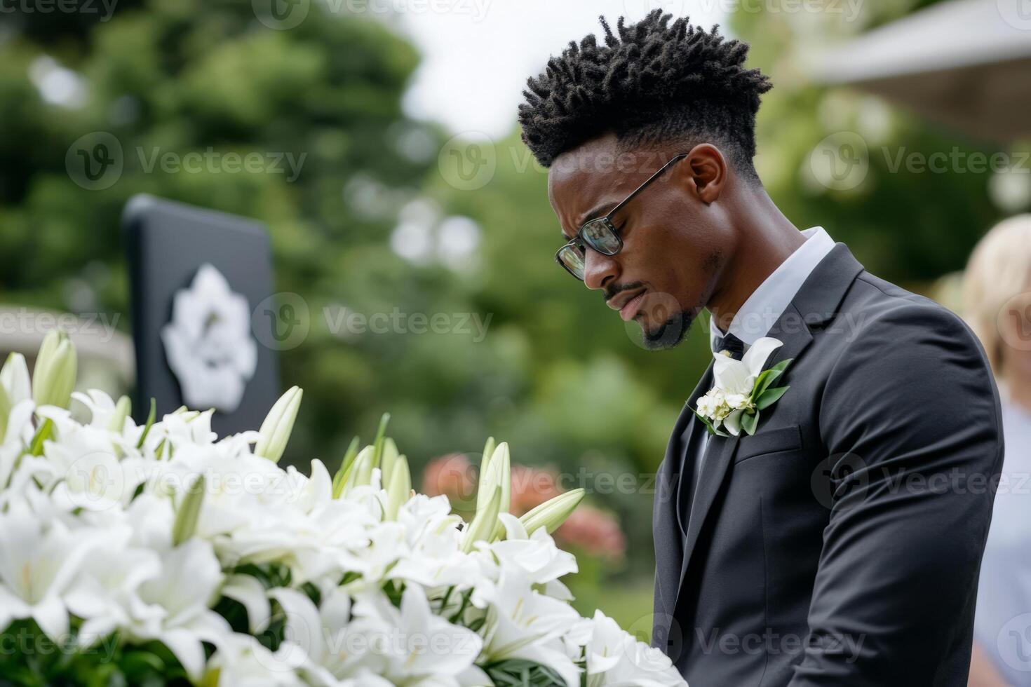 Somber man in a black suit standing near a bouquet of lilies during memorial service photo