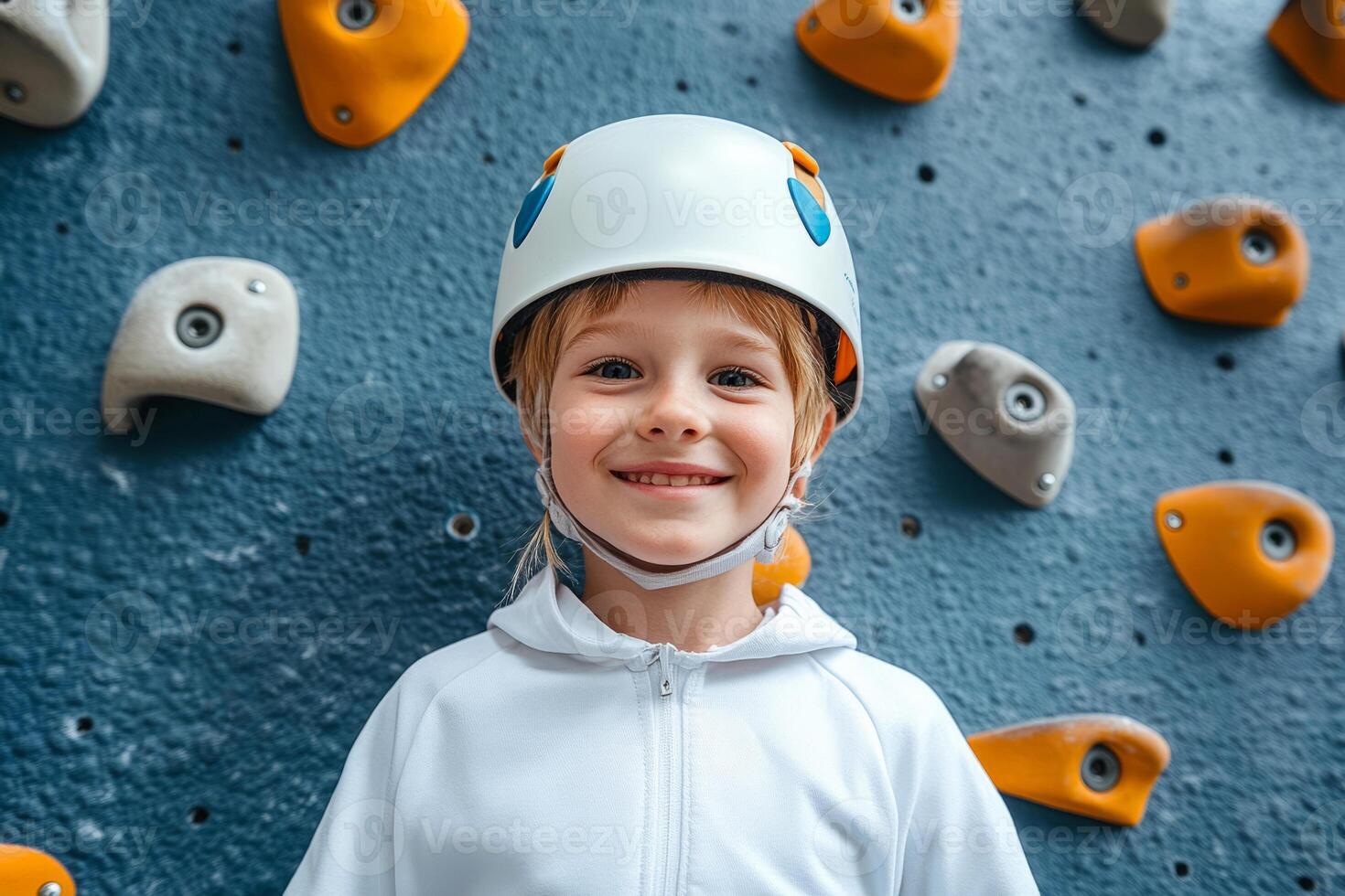 Child wearing a helmet and climbing gear smiles near a climbing wall photo