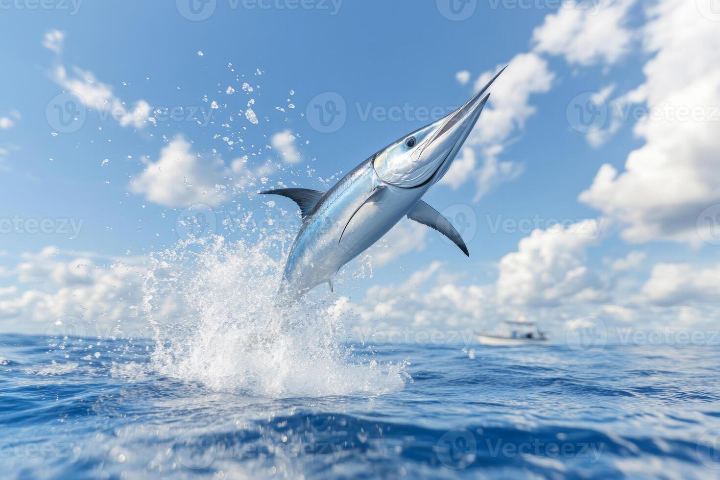 Marlin leaps out of the ocean with a fishing boat in the background photo