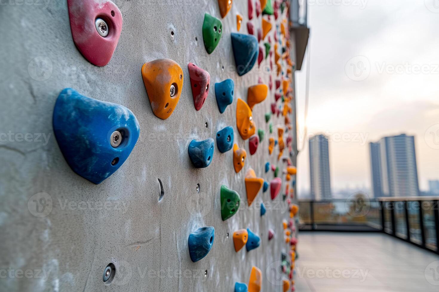 Vibrant climbing wall with colorful holds photo