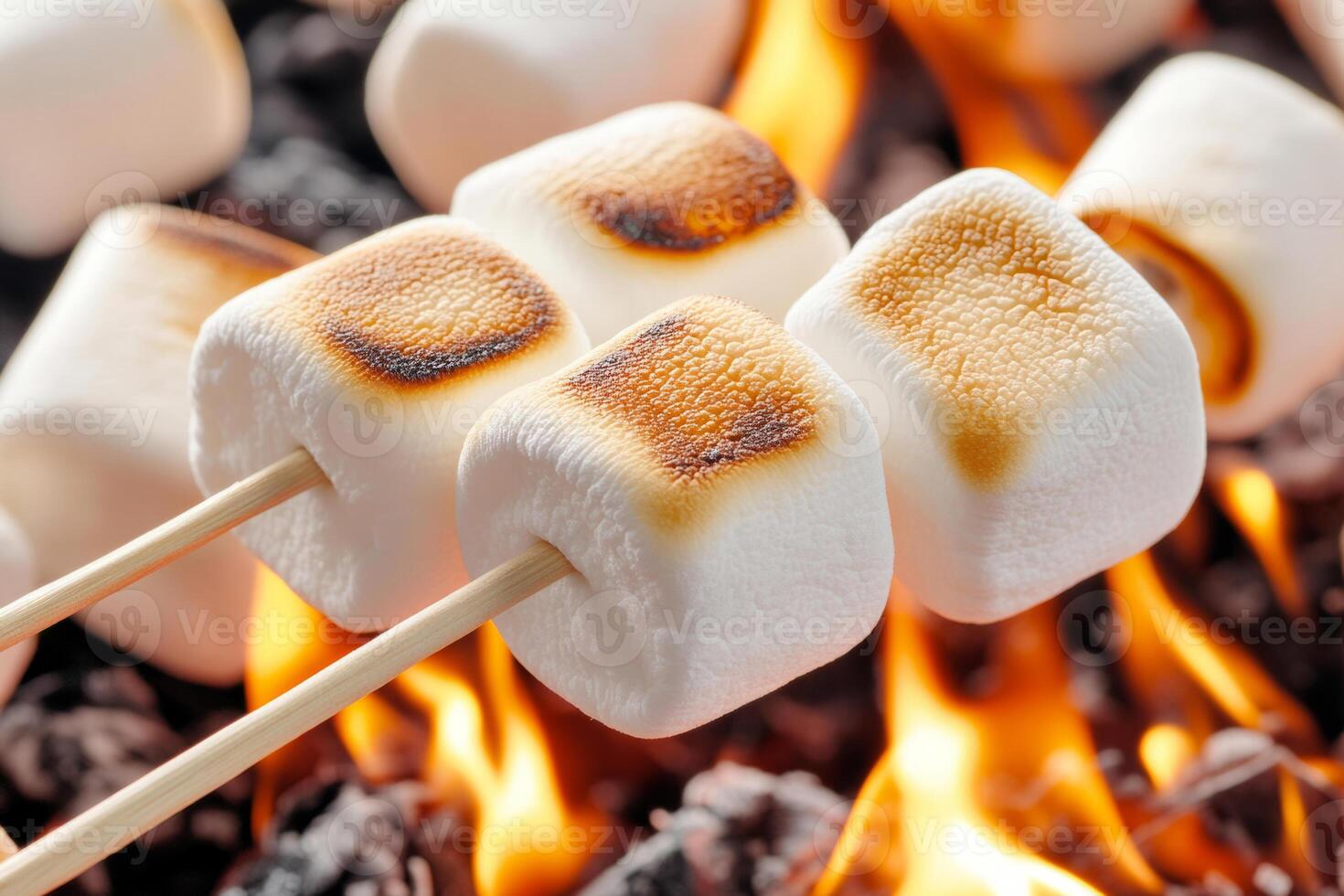 Marshmallows on skewers being roasted over an open flame photo