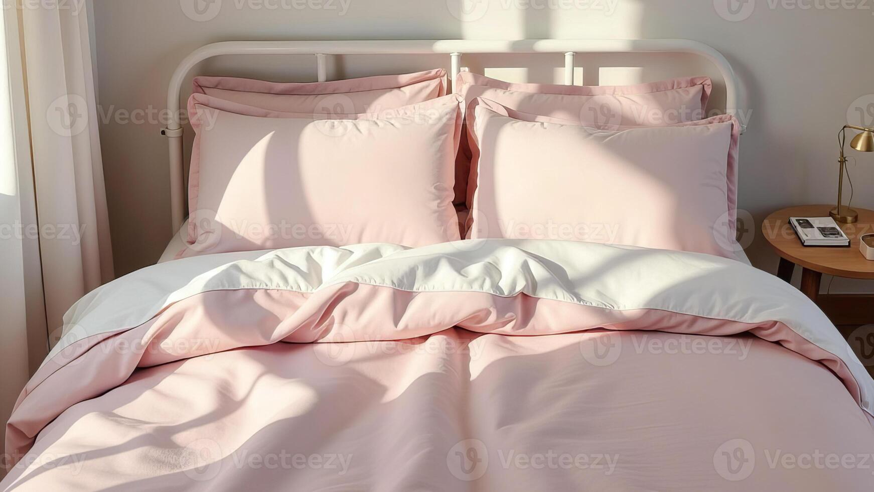 Pastel pink silk bedding on a white bed in a bright room. photo