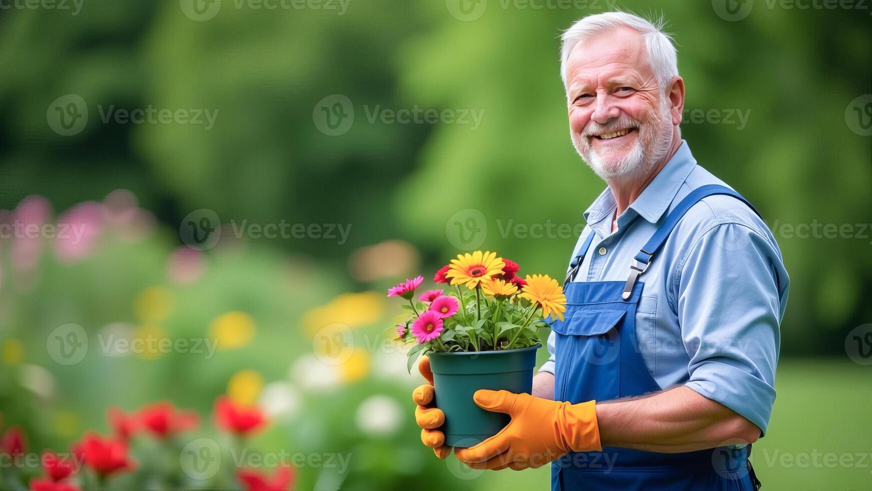 Smiling gardener in gloves and overalls with a container with a flowering plant photo