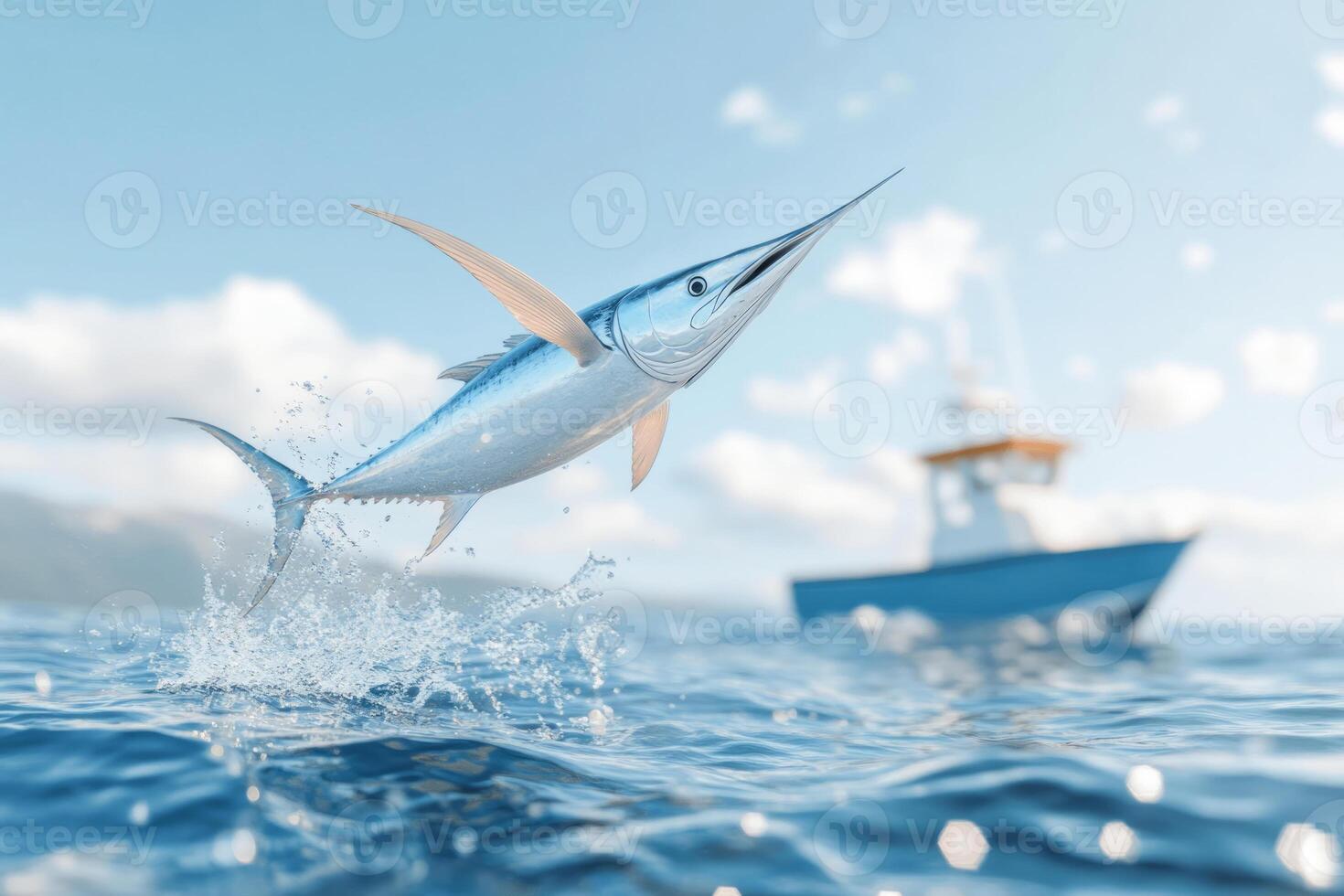 Marlin leaps out of the ocean with a fishing boat in the background photo