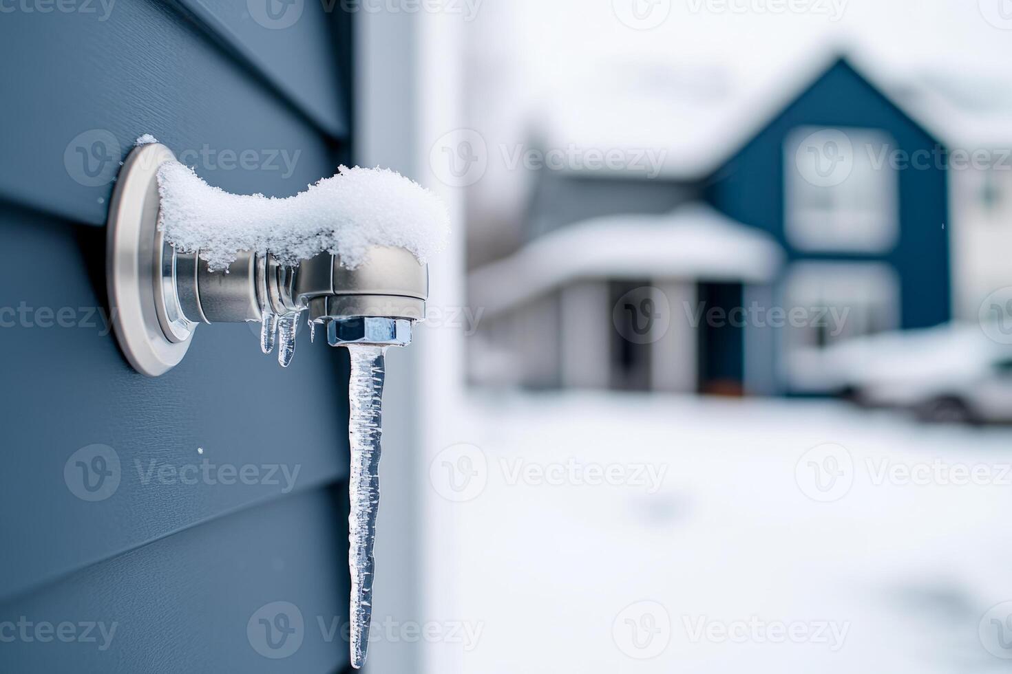 Frozen outdoor faucet covered with snow and icicles. Winter weather concept photo