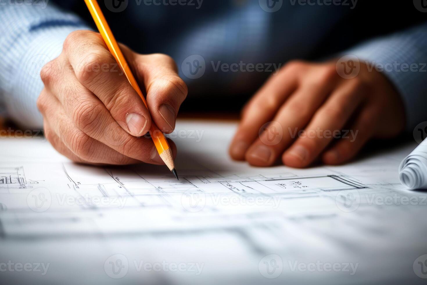 Architect drawing blueprints with a pencil photo