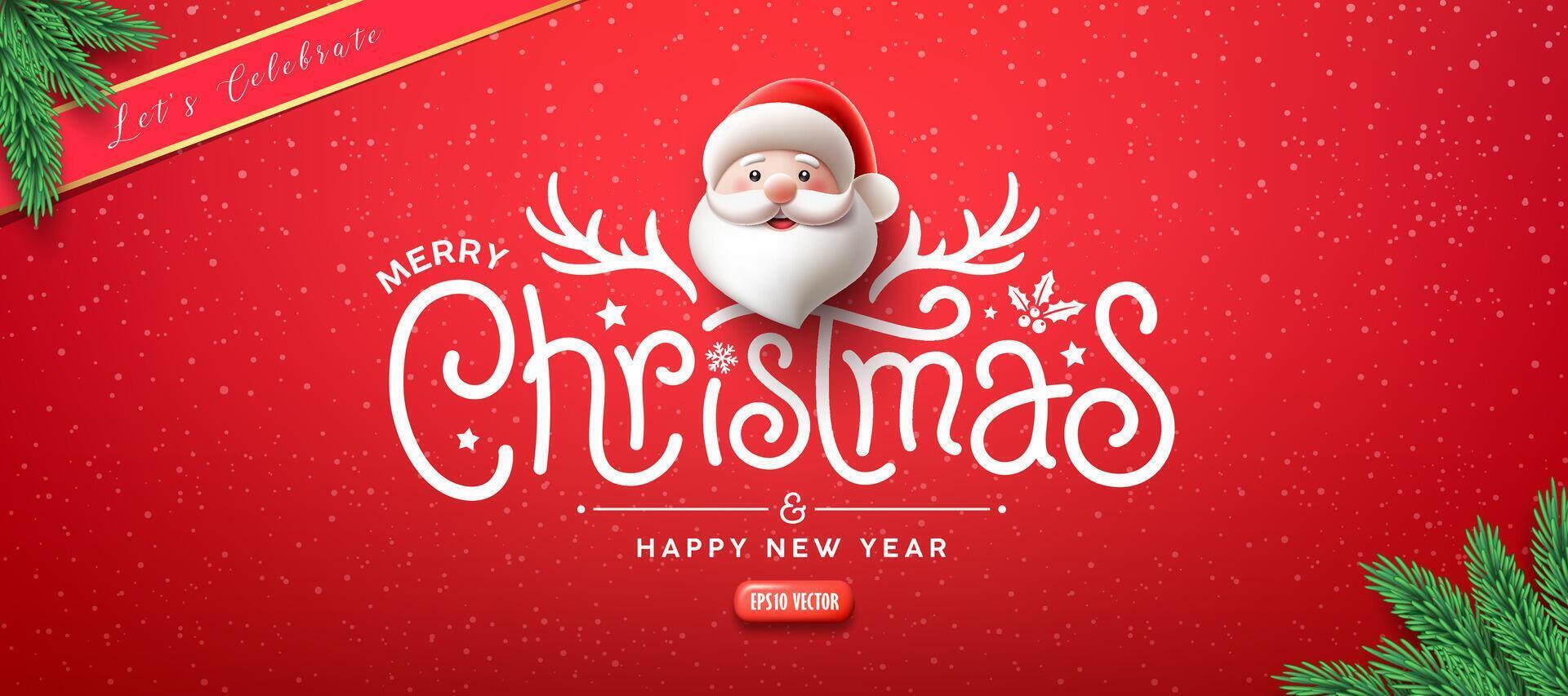 Merry Christmas text message, Cute Santa character, pine leave greeting card banner design on red background vector