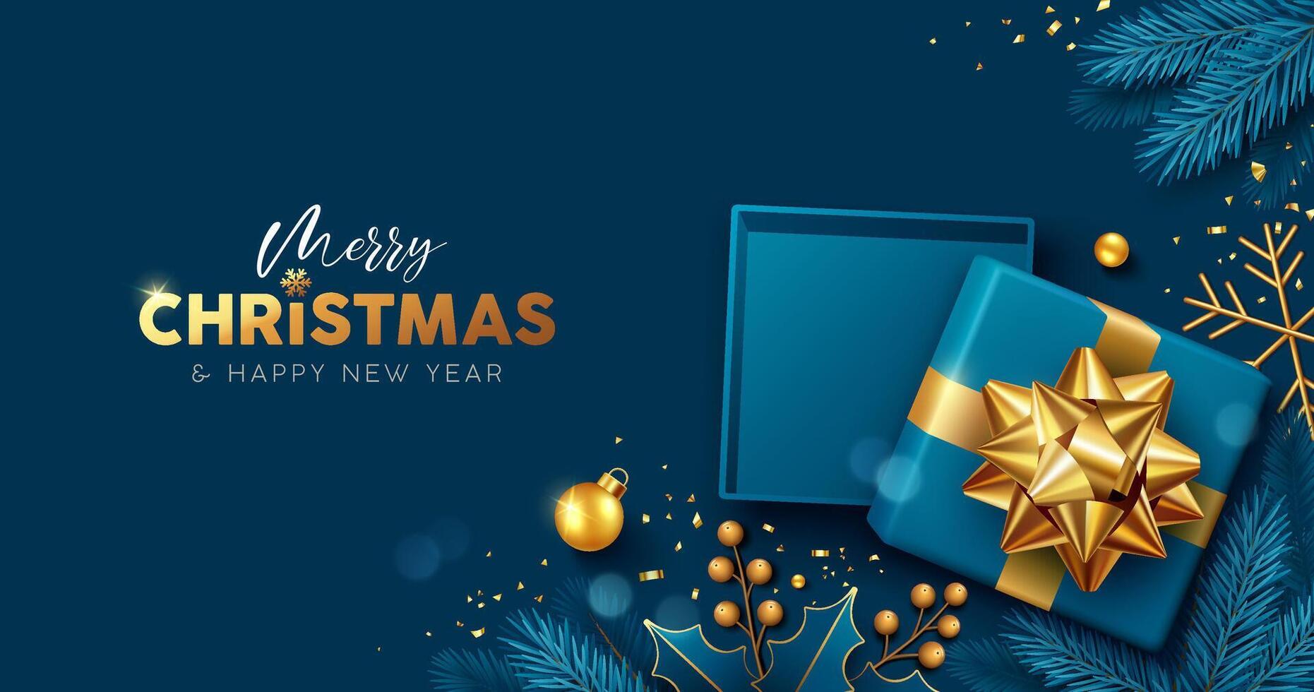 Merry christmas and happy new year 2025, open blue gift box gold ribbon, ornaments, design on dark blue background vector