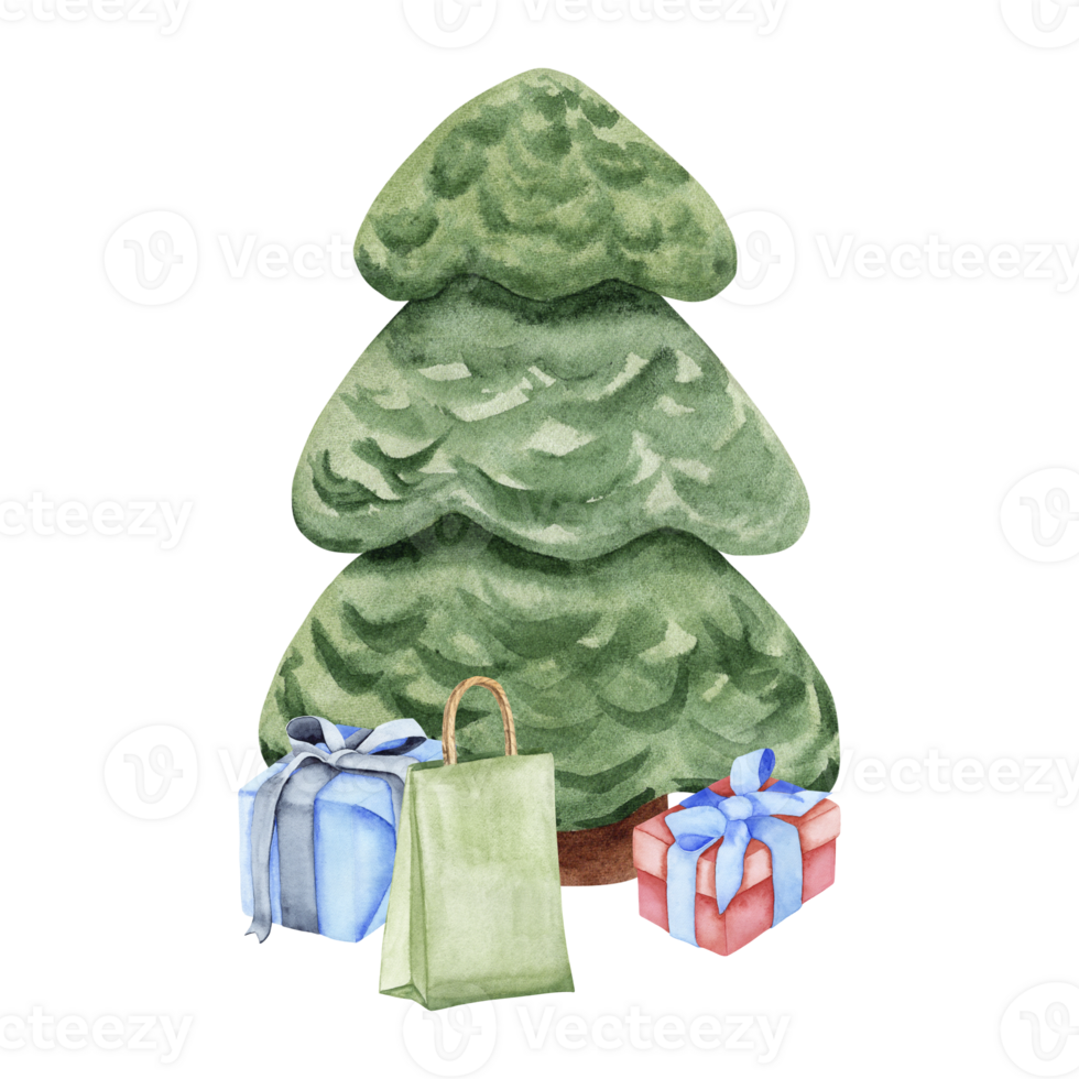 Christmas tree with gifts. Watercolor illustration of a Christmas tree with surprises. Hand-drawn drawings for your design png