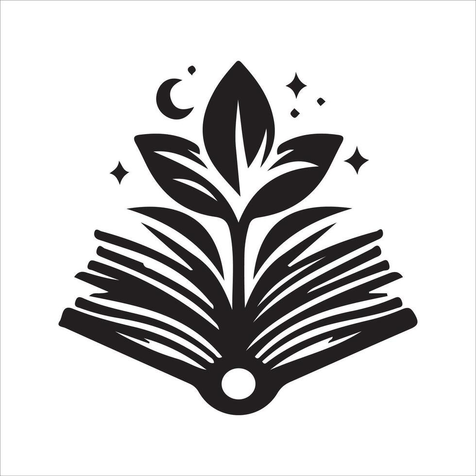 An open book with a plant and stars on it vector