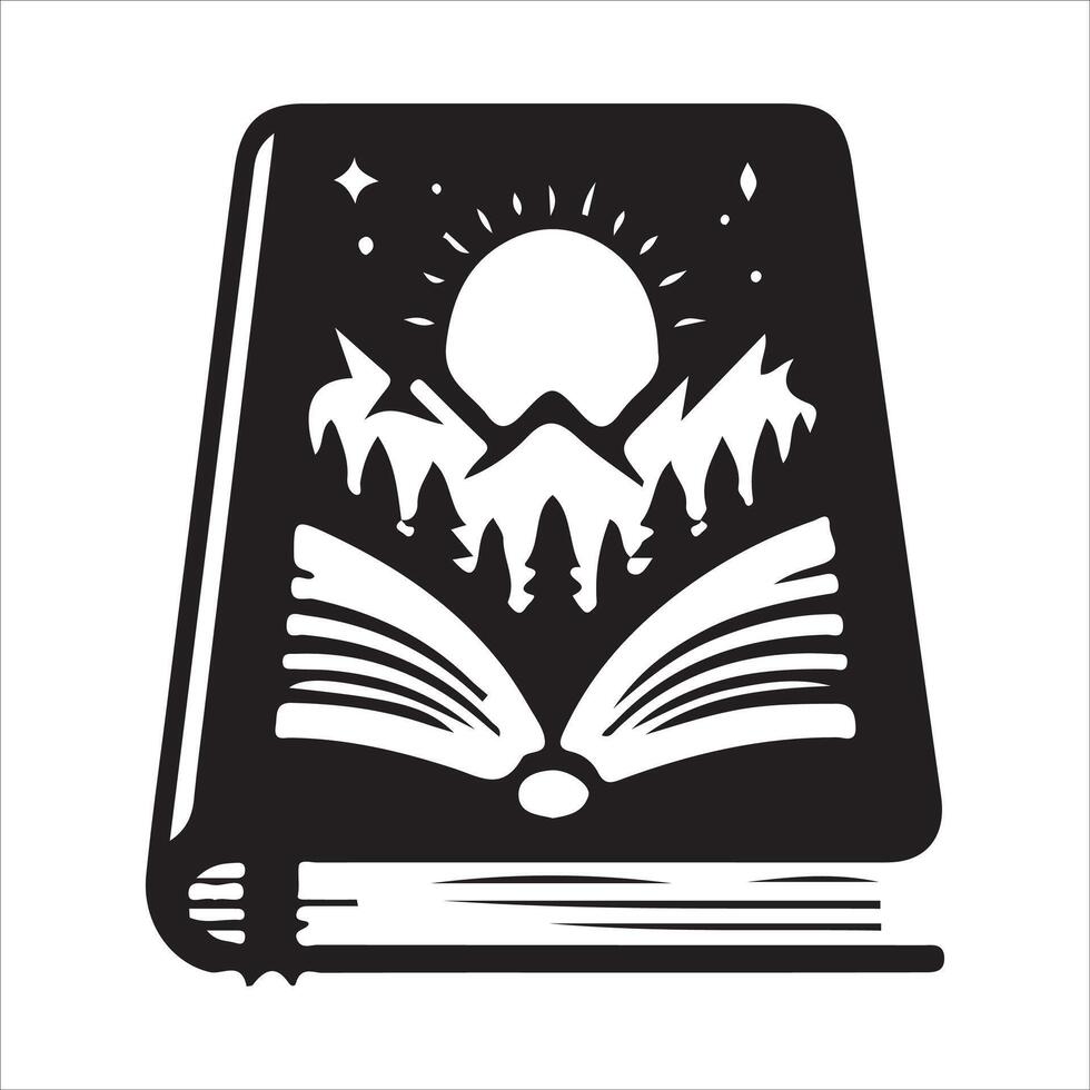 An open book with mountains and trees in the background vector