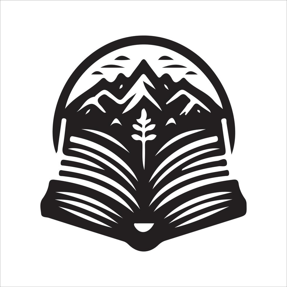 An open book with mountains and trees in the background vector