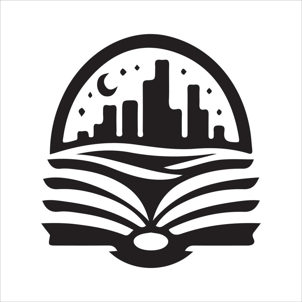 An open book with a city skyline in the background vector