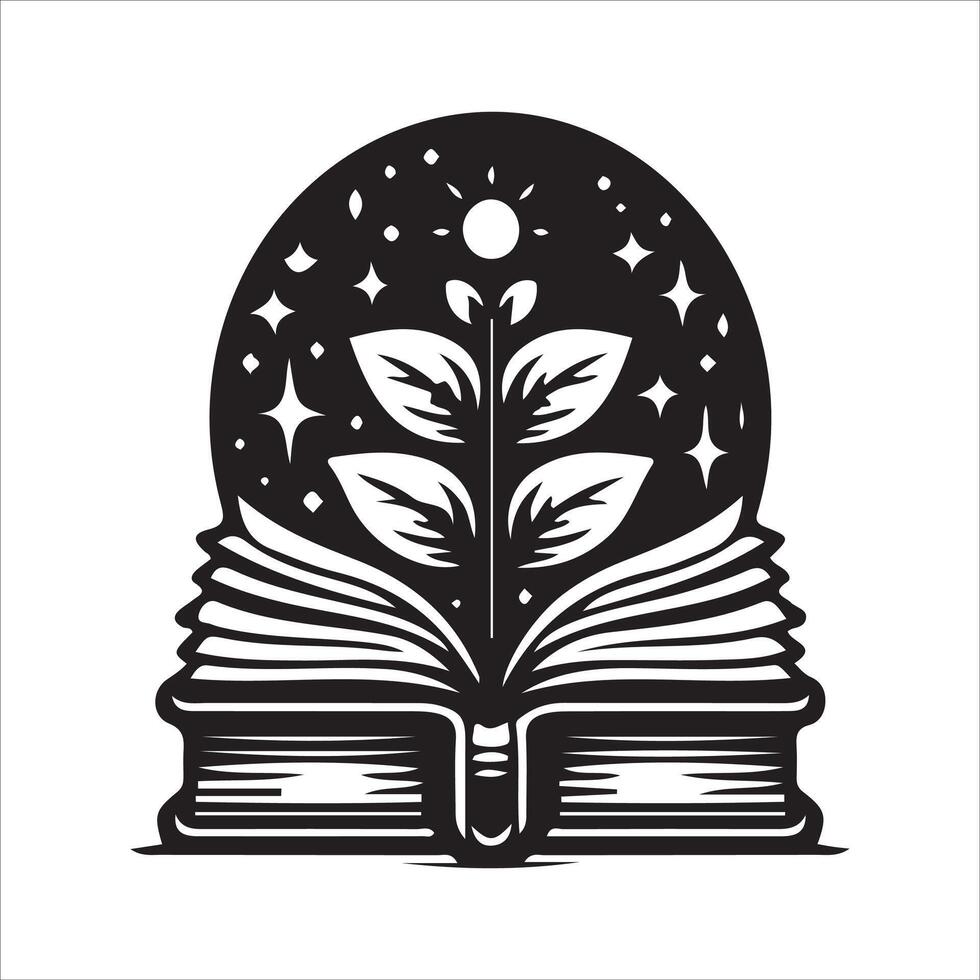 An open book with a plant inside it and stars on the background vector