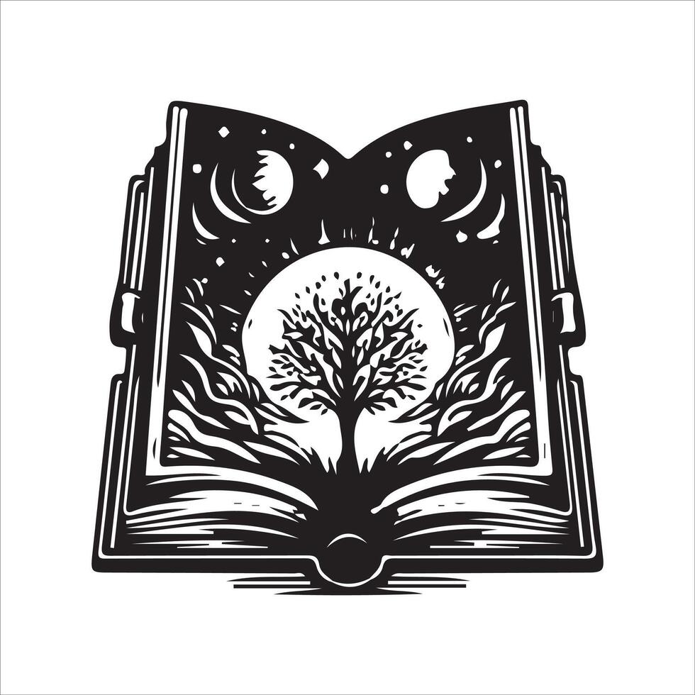 An open book with a tree inside it and a moon on the cover vector