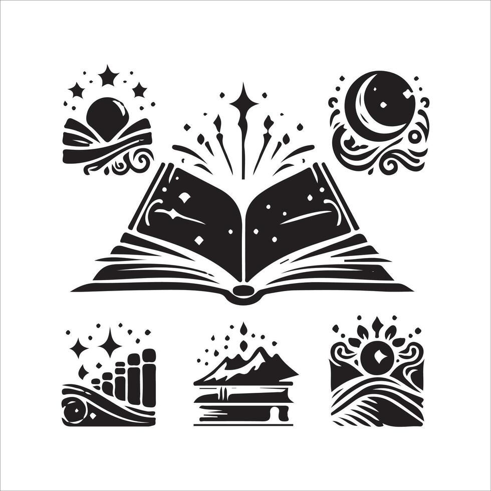 Set of black and white icons of magic, books, stars, moon, and other symbols vector
