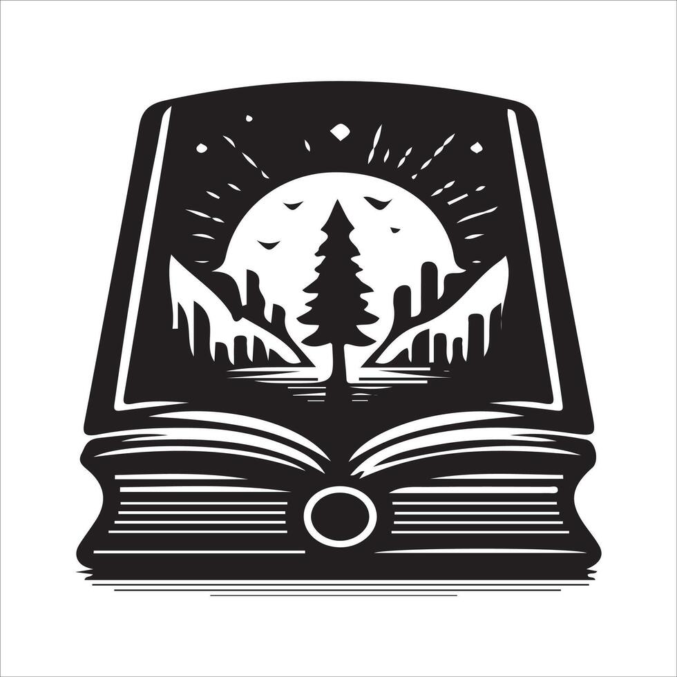 An open book with a tree and a mountain in the background vector
