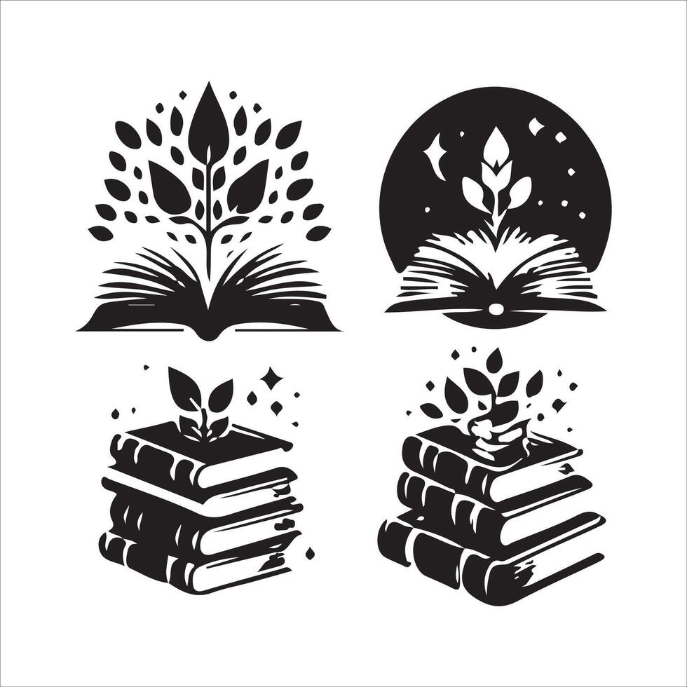Set of black and white icons of books and leaves vector
