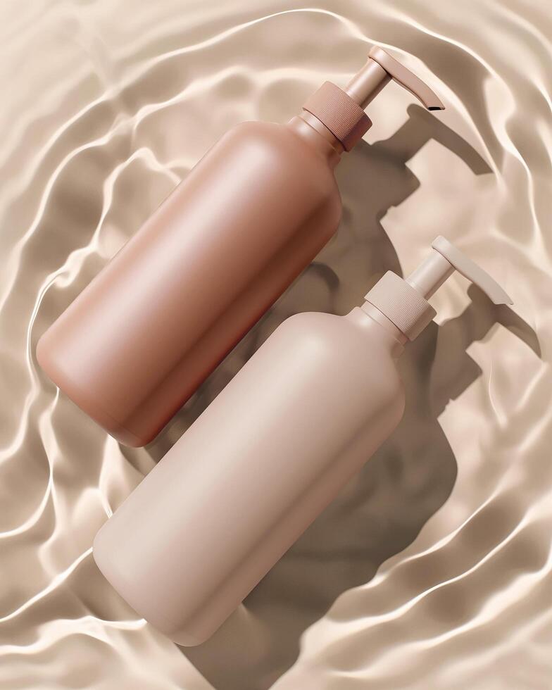 Two bottles of lotion on a sandy surface photo
