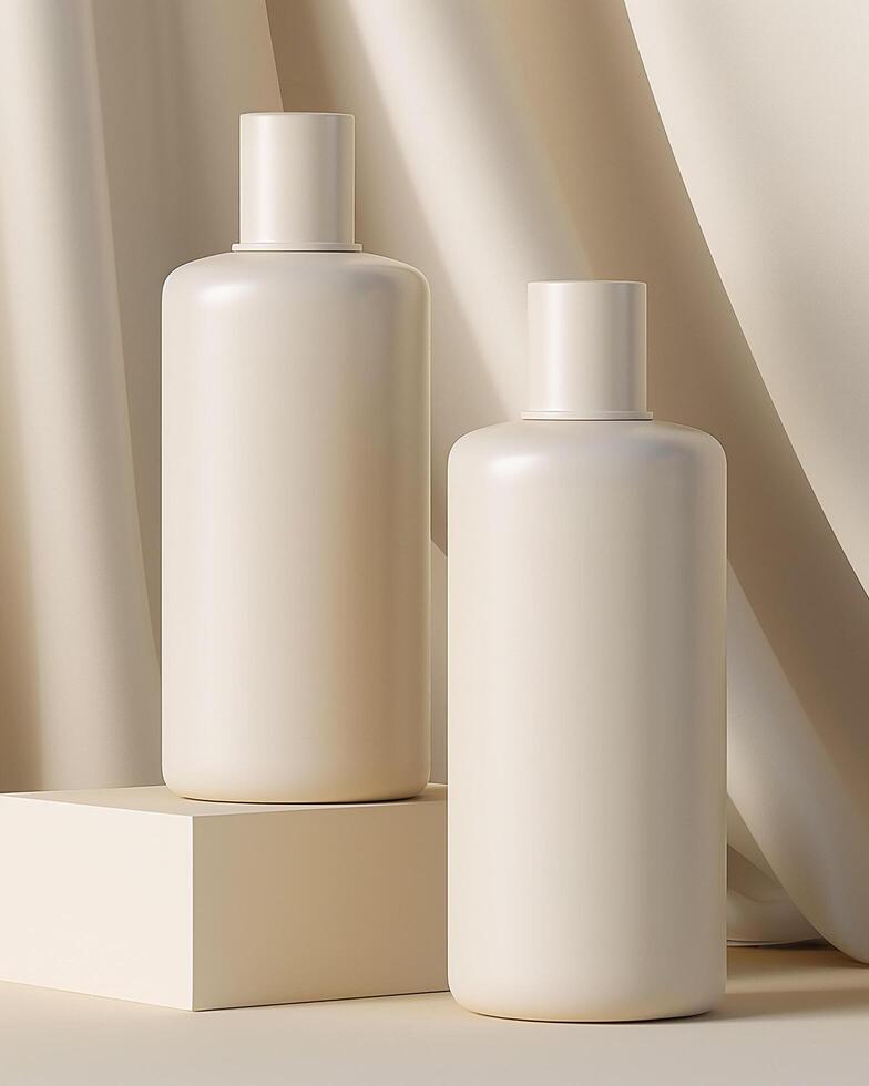 Two white shampoo bottles on a table with a sheer background photo
