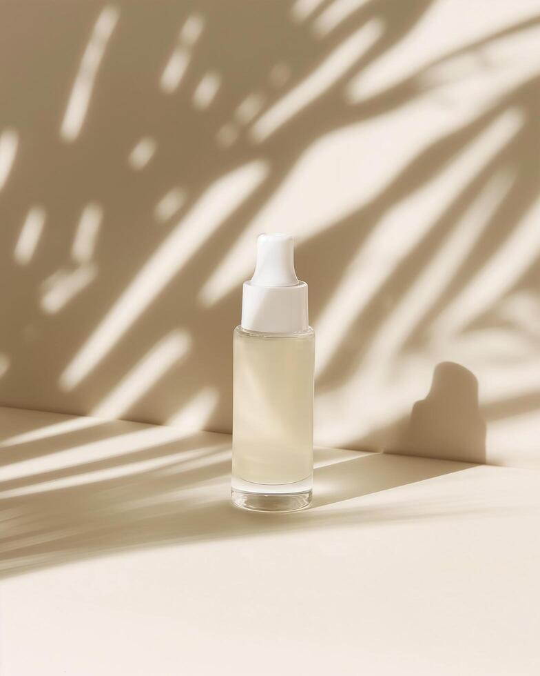 A serum glass bottle with white dropper on light beige table with soft plant shadow background packaging mockup Generated Image photo