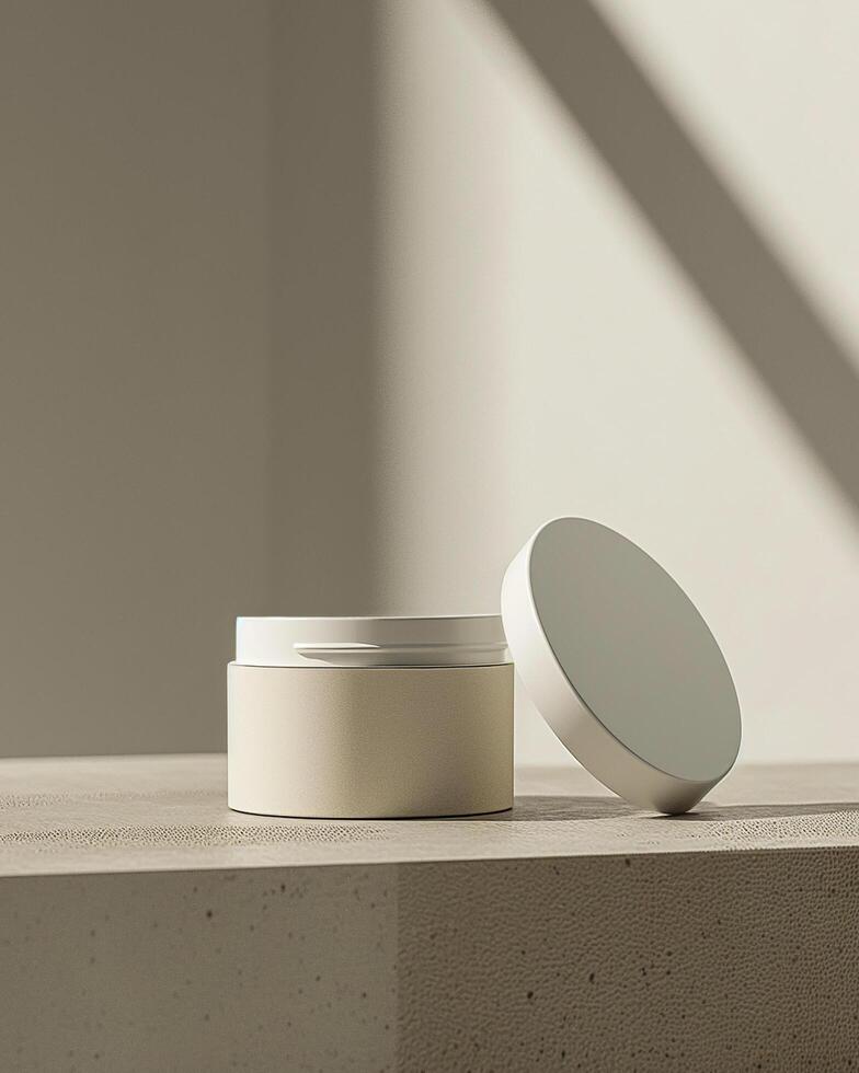A white cosmetic plastic jar with open lid on a soft shadow beige background mockup photo