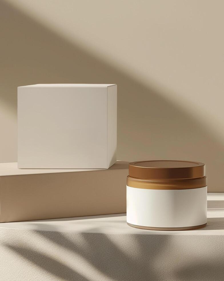 A brown cosmetic glass jar with white lid and white label on a soft shadow beige background with white packaging box mockup photo