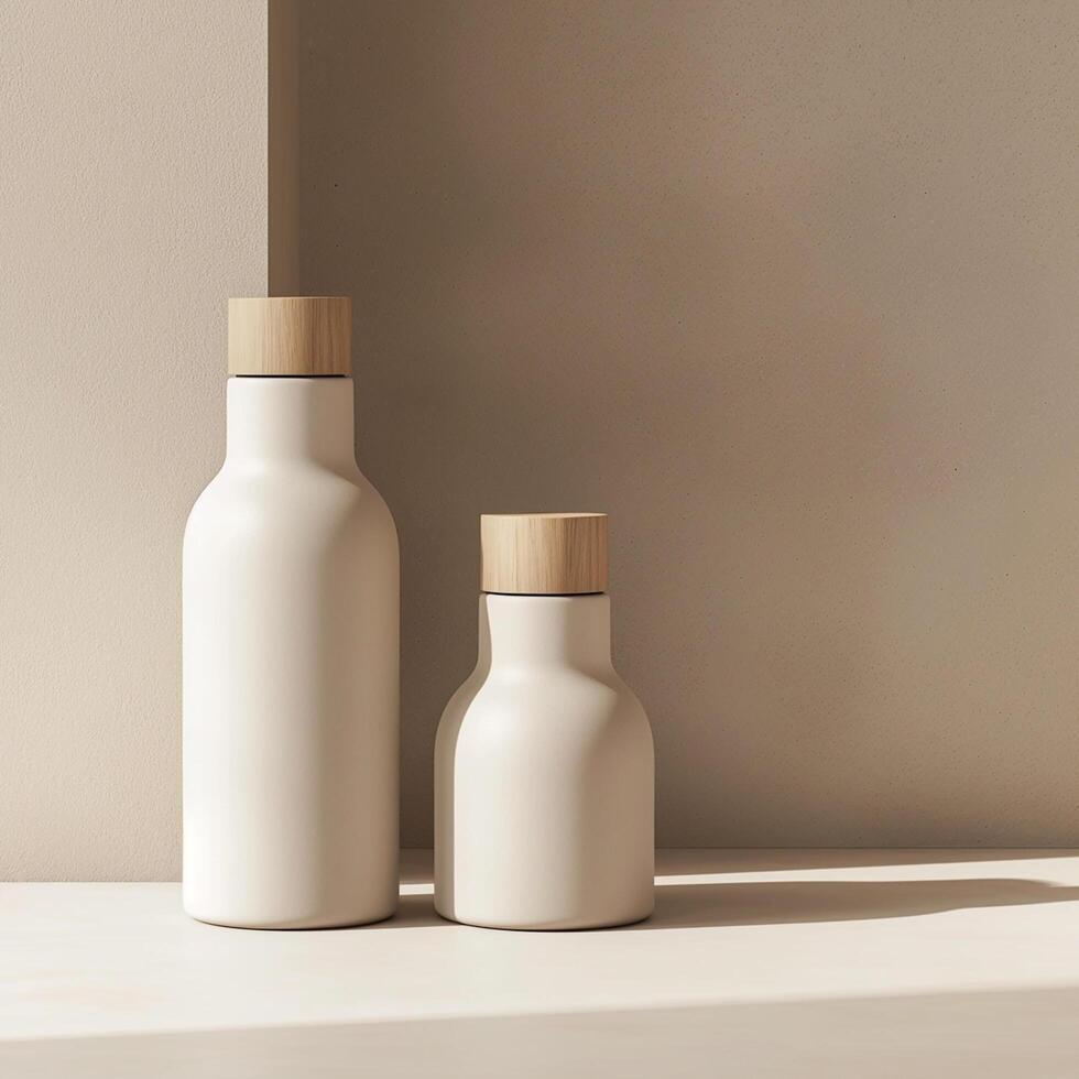 Set of two white plastic bottles with wooden lid mockup against a neutral beige concrete soft light wall Generated Image photo