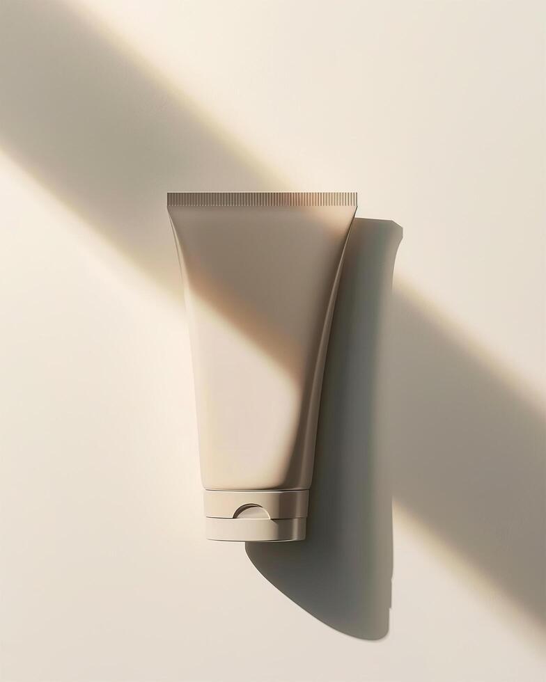 A light brown plastic hand cream tubes on beige background with soft shadow packaging mockup Generated Image photo