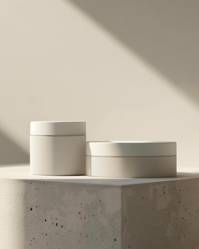 Two white cosmetic jars on a soft shadow beige background mockup photo