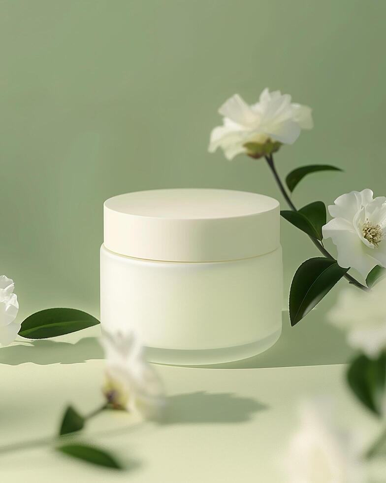 A white cream jar on flowers and plants background packaging mockup photo