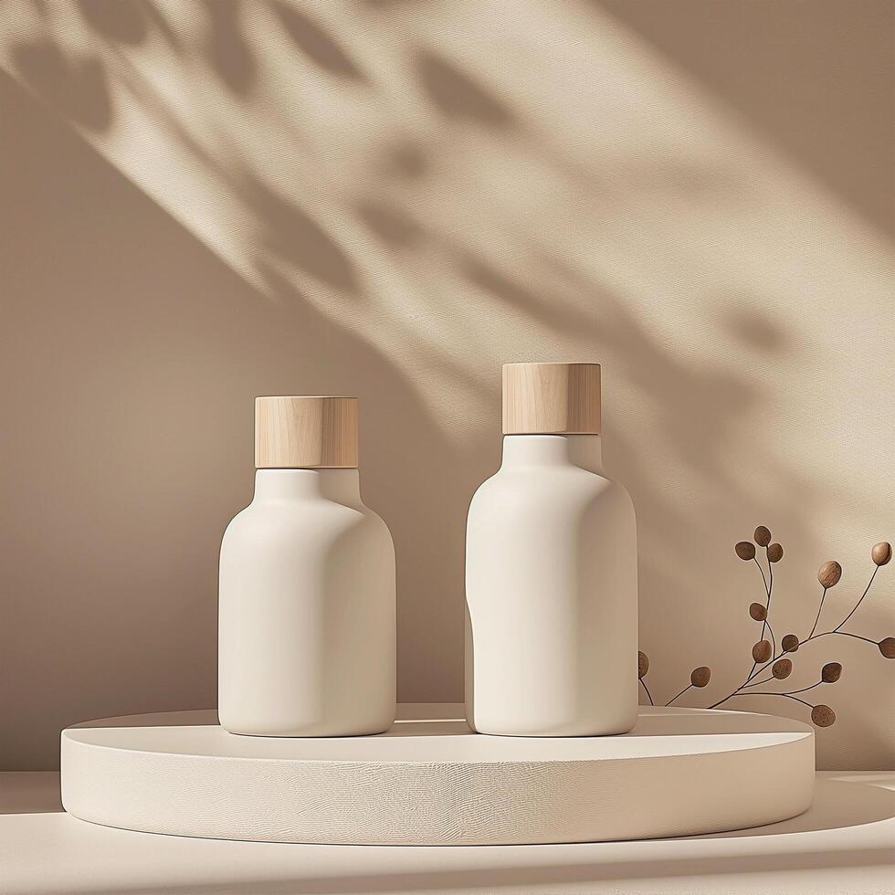 Two white bottles on a white shelf with a wooden lid photo