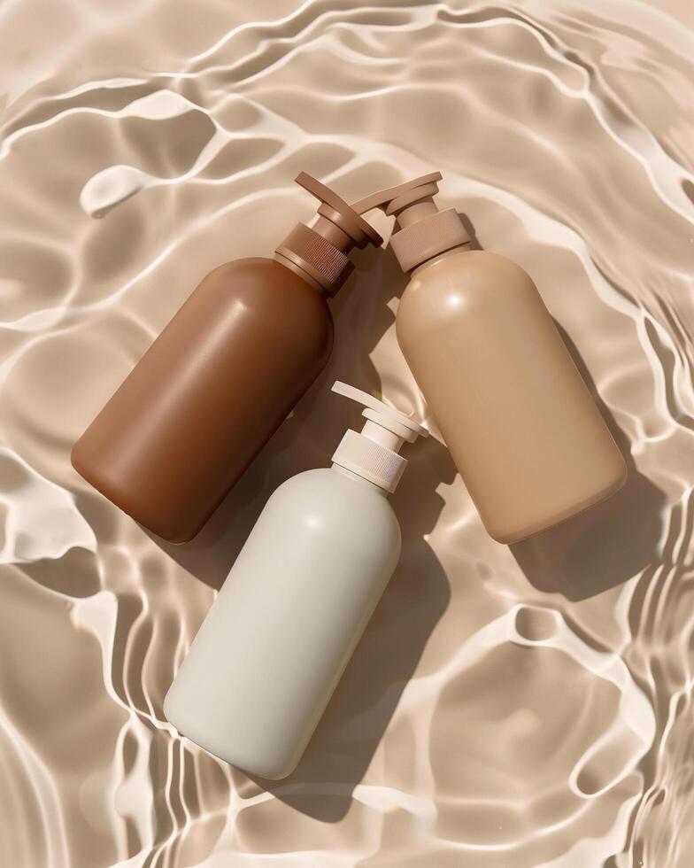 Three bottles of lotion on a sandy surface photo