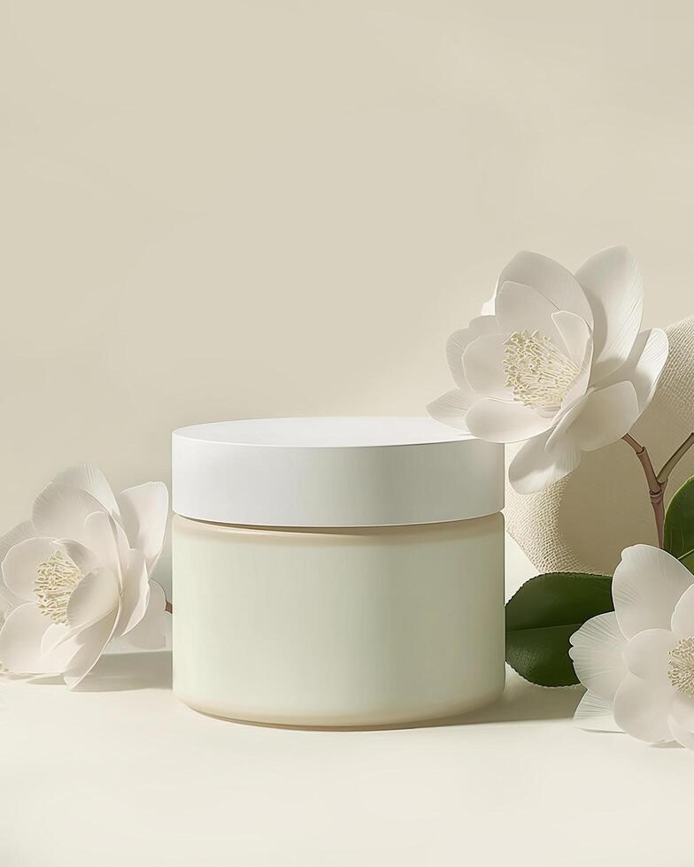 A white cream glass jar with white lid on camellia flowers amp plants background packaging mockup photo