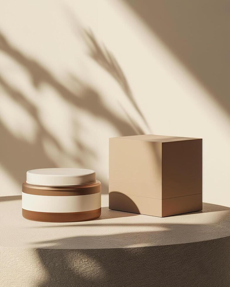 A brown cosmetic glass jar with white lid and white label on a soft shadow beige background with brown packaging box mockup photo