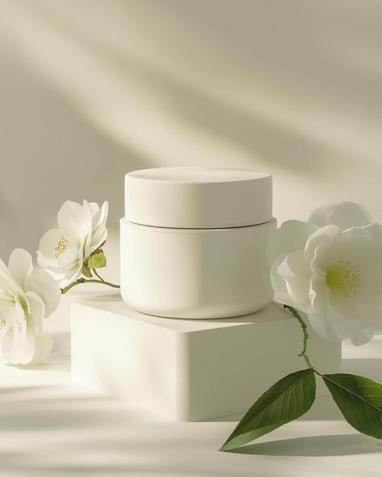 A white cream plastic jar on platform against flowers amp plants background packaging mockup photo