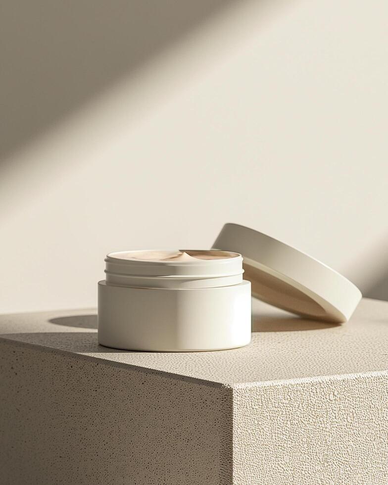 A white cream plastic jar with open lid on a soft shadow beige background packaging mockup photo