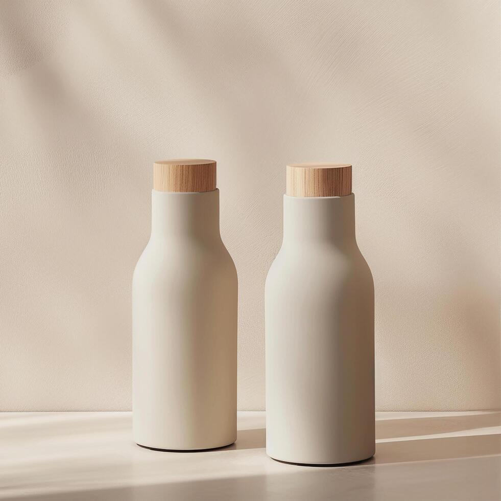 Two white bottles with wooden lids sit on a table photo