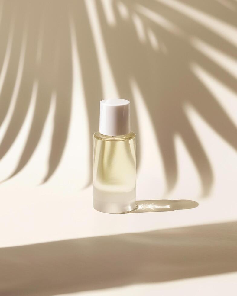 A bottle of perfume sitting on a table with a shadow of a palm tree photo