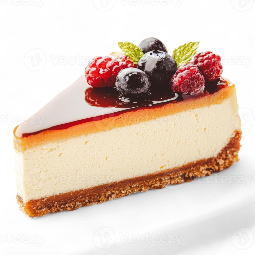 A piece of cheesecake with berries and a cherry on top photo
