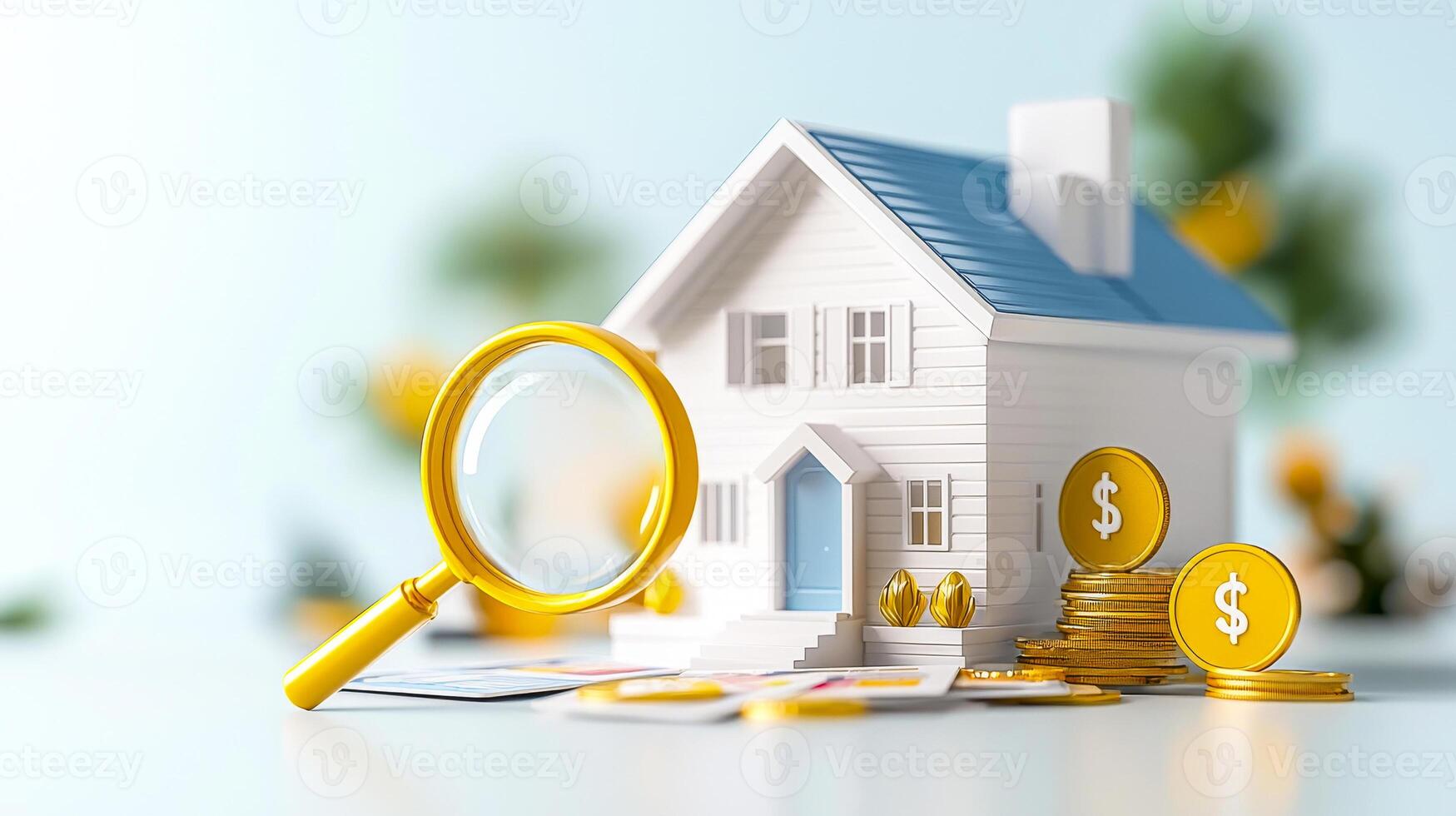 House with magnifying glass and coins on a blue background photo
