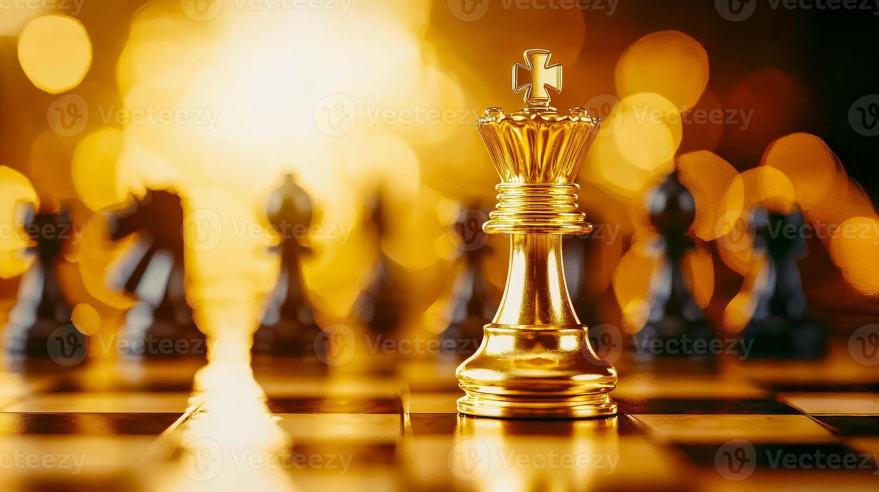Golden chess pieces on a chess board with a golden king photo