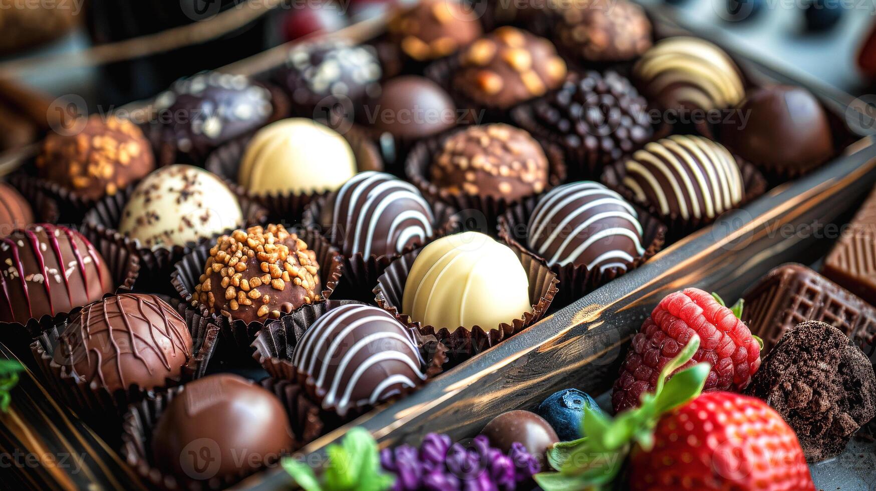 Assorted chocolates in a wooden box photo